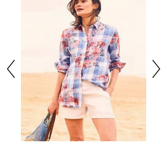 Joules Jeanne Print Blue Gingham Floral Linen Button Up Shirt Classic Fem Size 8 - Picture 2 of 9
